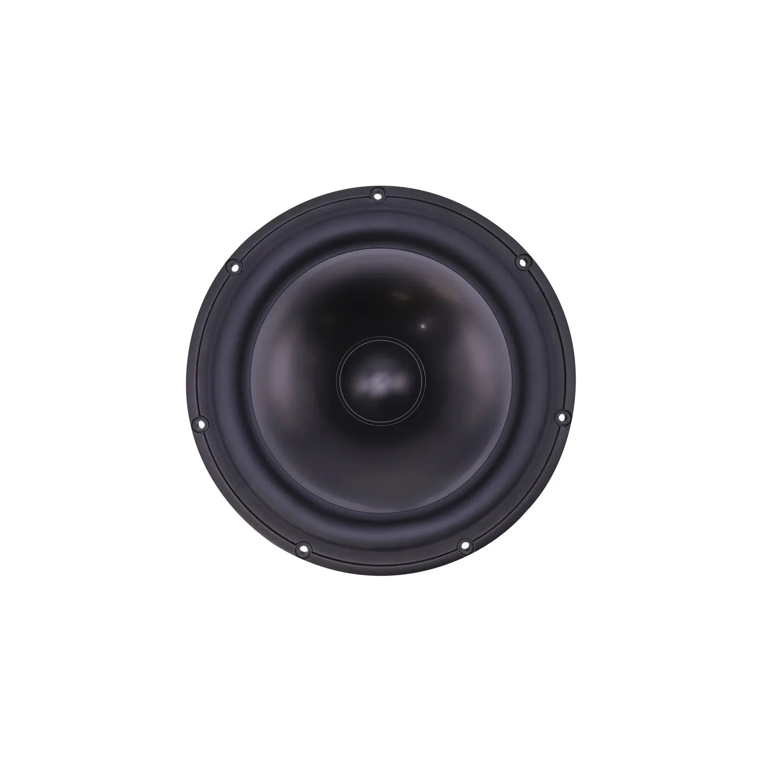 Un caisson de basses Scanspeak Revelator 26W/8867T00 noir, doté dun dôme en aluminium et de trous de fixation, vu de dessus, présenté sur un fond blanc.