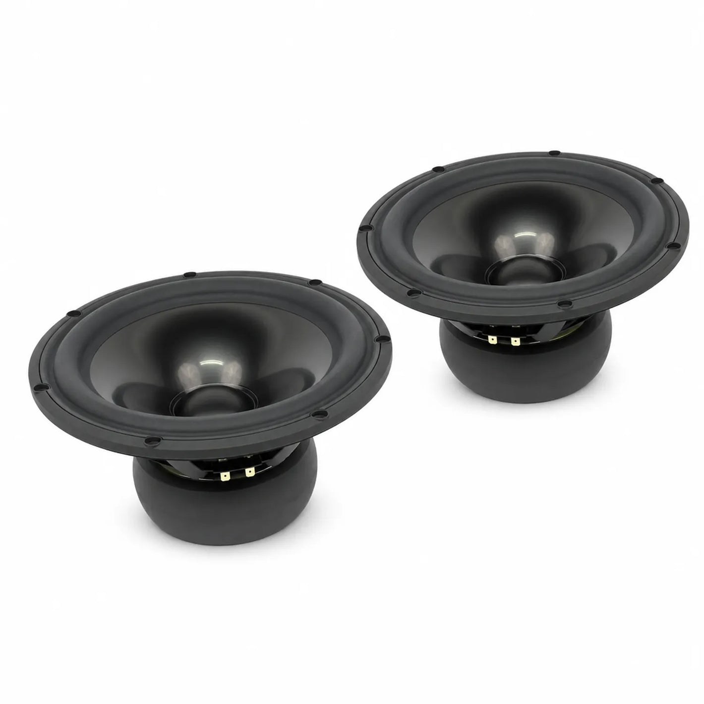 Deux subwoofers noirs Scanspeak Revelator 26W/8867T00 sont orientés lun vers lautre sur un fond blanc.