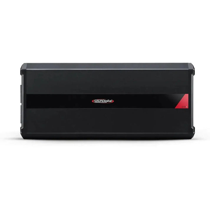 A black Soundigital 12000.1 EVOX 1-Kanal Verstärker with red accents and logo is shown against a white background.