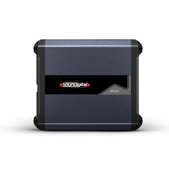 Il Soundigital 1200.2 EVO5 è un Verstärker compatto e rettangolare a 2 canali, di colore nero e grigio con il logo Soundigital sulla parte anteriore.