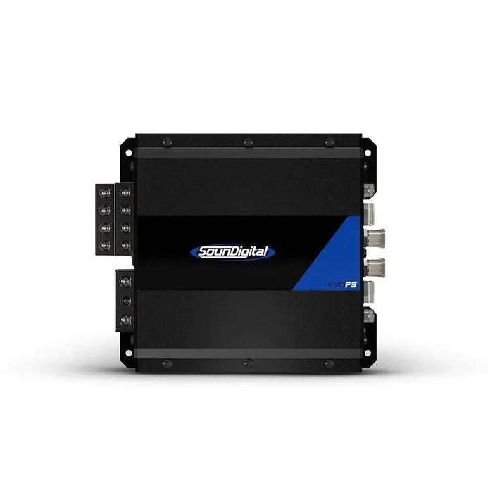 Lamplificatore Soundigital 1200.4 EVOPS nero, con accenti blu, presenta connettori Tiffany Style Cinch sul lato destro e terminali a vite sul lato sinistro su sfondo bianco.