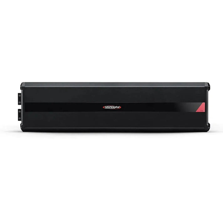 Il Soundigital 20000.1 EVOX è un amplificatore audio per auto di forma rettangolare, di colore nero, con un sottile accento rosso sul lato destro.