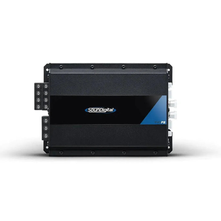 Un amplificatore audio a 4 canali Soundigital 2000.4 EVOPS di colore nero con accenti blu e porte multiple, visto dallalto su sfondo bianco.