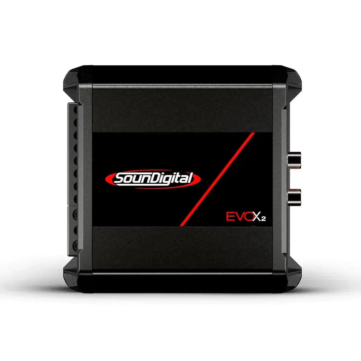 Vista frontal de un amplificador de audio Soundigital 400.4 EVOX2 negro con logotipo y línea diagonal roja en el panel frontal.