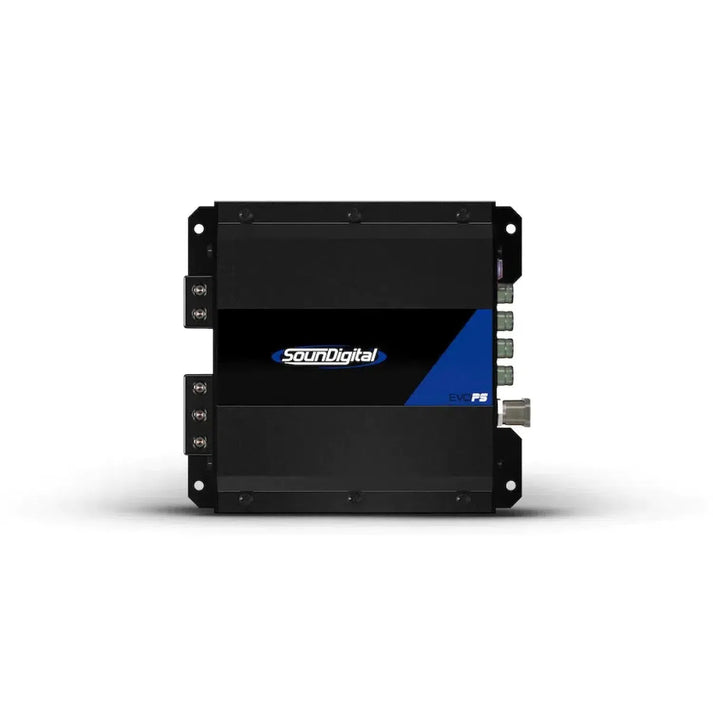 The Soundigital 800.1 EVOPS car audio amplifier in black and blue delivers 800 WRMS, features right-side connection ports, and is shown front-facing.