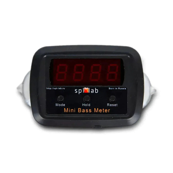 The SPL Lab Mini Bass Meter is a digital SPL-Messgerät with red LED display, Mode, Hold, Reset buttons, and spl lab Mini Bass Meter on the front for Schalldruckmessung.