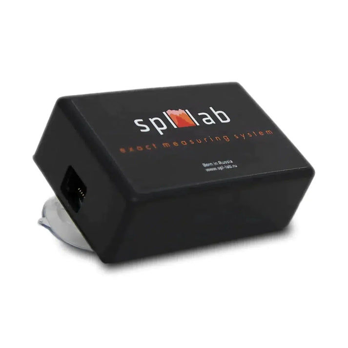 A black rectangular SPL Lab Next-Lab SPL Sensor with a visible side port and a suction cup mounted underneath.