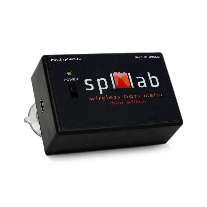 A black SPL Lab Wireless Bass Meter TE 3. Version with a power switch, USB port, and logo on the front.