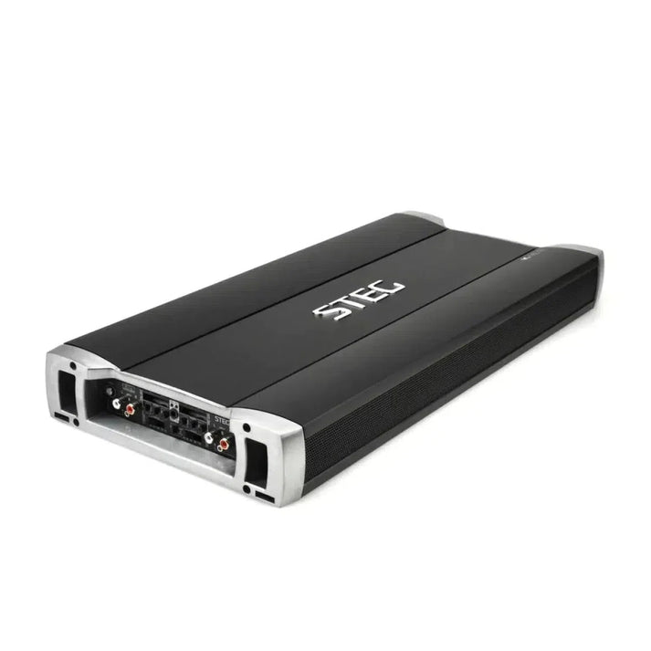 The Steg K4.02 is a black 4-channel car amplifier with silver edges and visible connection ports, shown on a white background for top Klangqualität.