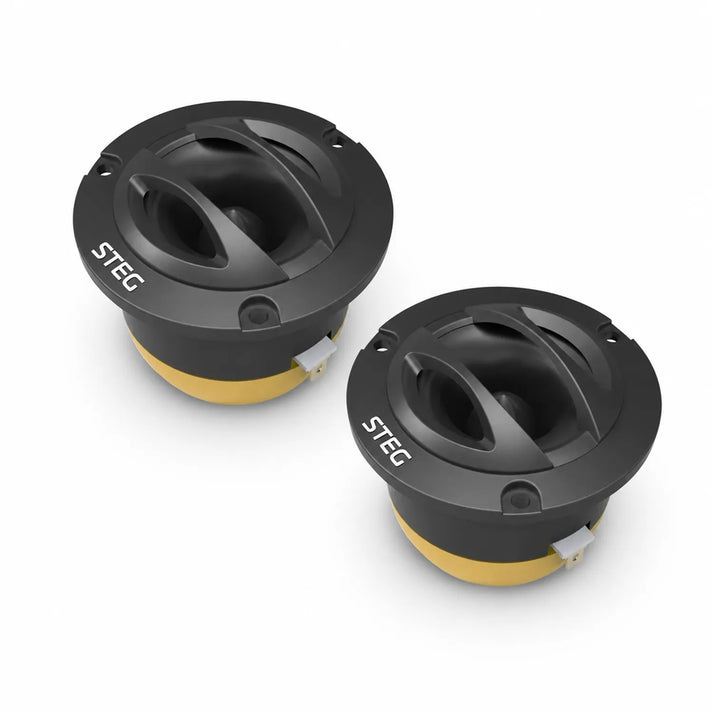 Deux tweeters ronds noirs et jaunes Steg NT-25 avec diaphragme métallique de 25 mm et grilles inclinées, représentés sur un fond blanc.