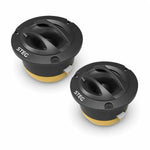 Due diffusori audio per auto Steg NT-33 di forma rotonda, di colore nero e giallo, con magneti Neodym e un design moderno, affiancati su uno sfondo bianco.