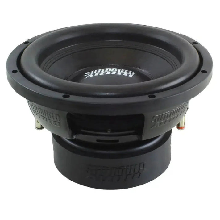 The Sundown Audio E10 v.4 is a black 10 subwoofer with logo on the cone, shown at a slight front angle; delivers 500W RMS power.
