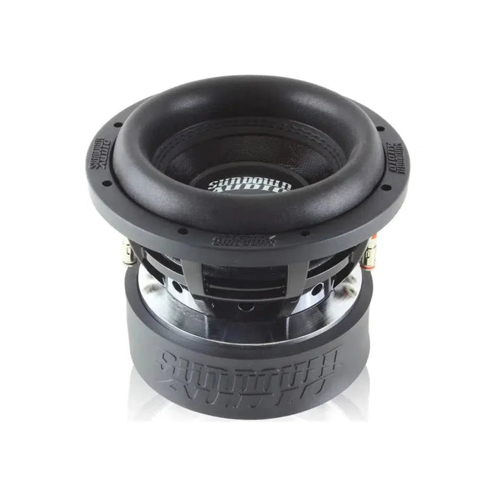 A black Sundown Audio SA8 v.3 8 subwoofer with thick rubber surround, visible logo, and 500W RMS, shown on a white background.