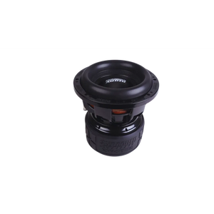 Un subwoofer Sundown Audio X-Series X-10 v.4 nero da 10 pollici 3000W RMS con marchio, su sfondo bianco.