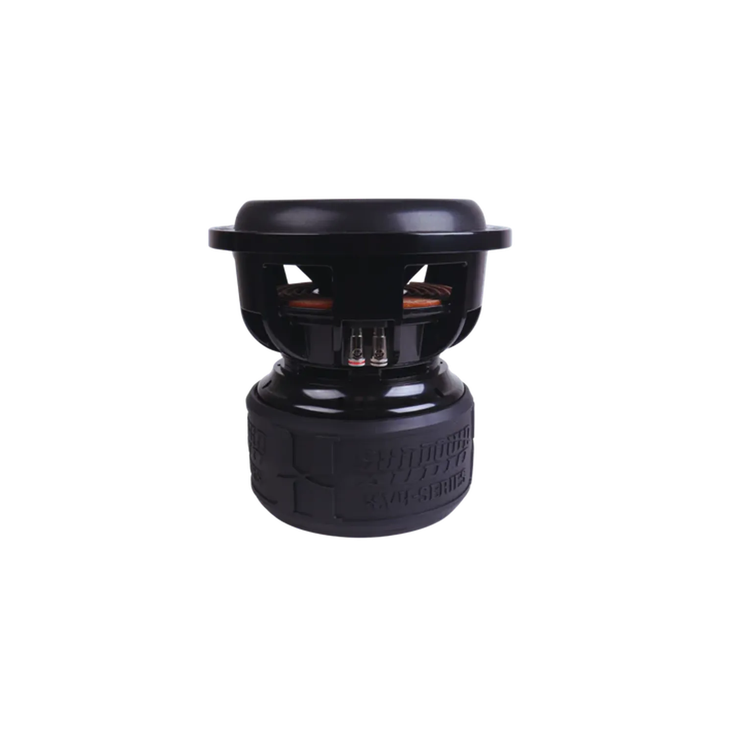 A black Sundown Audio X-Series X-10 v.4 subwoofer, 10 size, 3000W RMS, with exposed wiring and large rubber magnet, shown on a white background.