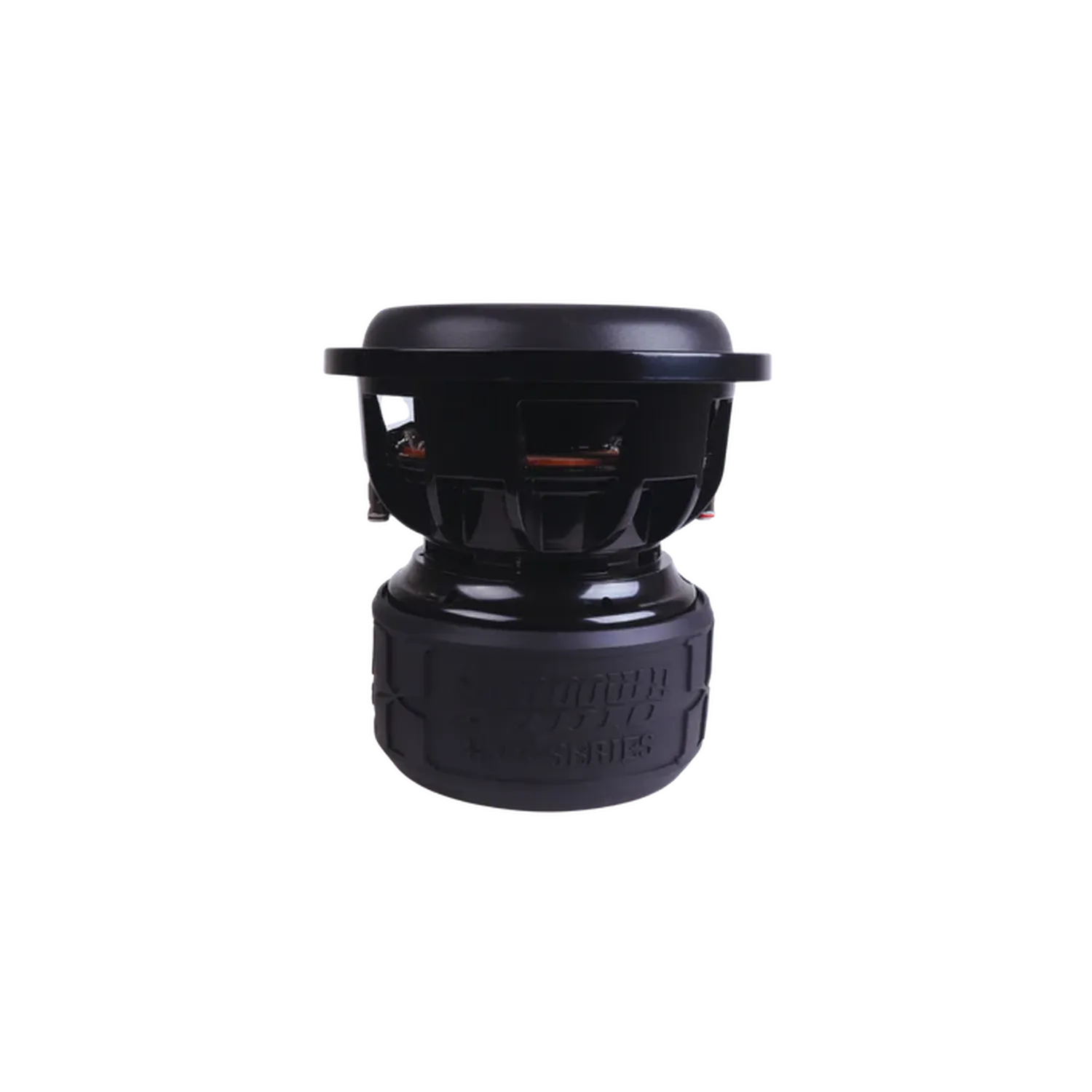 A black Sundown Audio X-Series X-10 v.4 10-inch subwoofer is shown from the side, highlighting its cone, basket, and large magnet against a plain white background.