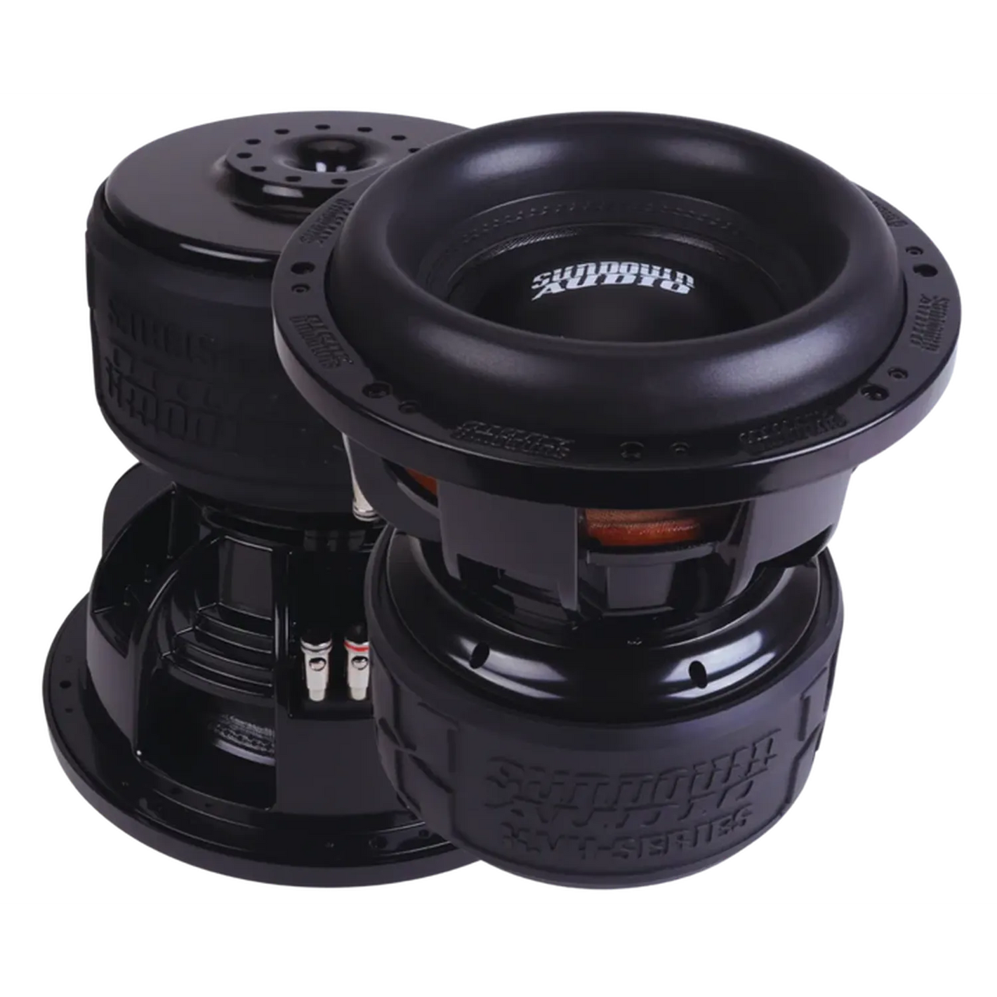 Due grandi subwoofer neri Sundown Audio Serie X-10 v.4 con bobine esposte e 3000 W RMS sono mostrati su uno sfondo bianco.