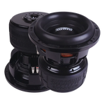 Two large black Sundown Audio X-Series X-10 v.4 subwoofers with exposed coils and 3000W RMS are displayed against a white background.