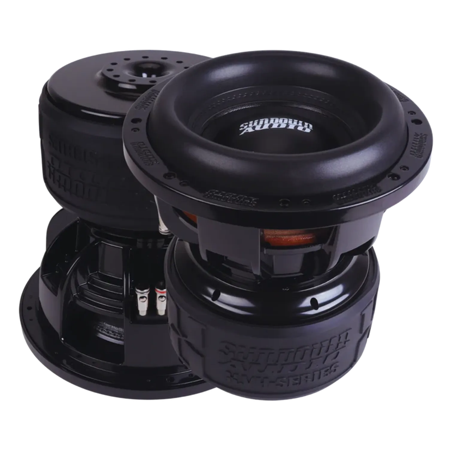 Twee grote zwarte Sundown Audio X-Series X-10 v.4 subwoofers met belichte spoelen en 3000W RMS worden tegen een witte achtergrond weergegeven.
