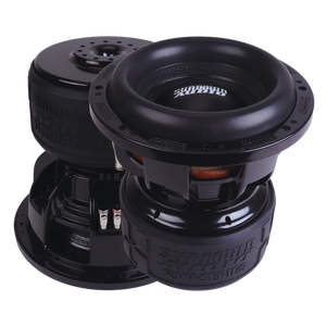 Due grandi subwoofer neri Sundown Audio Serie X-10 v.4 con bobine esposte e 3000 W RMS sono mostrati su uno sfondo bianco.