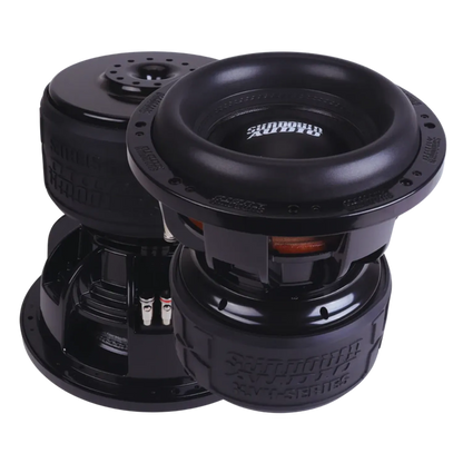 Two large black Sundown Audio X-Series X-10 v.4 subwoofers with exposed coils and 3000W RMS are displayed against a white background.