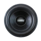 A top view of the black Sundown Audio X15 v3 15-inch subwoofer shows its white logo at the center and delivers 2500 Watts RMS power.