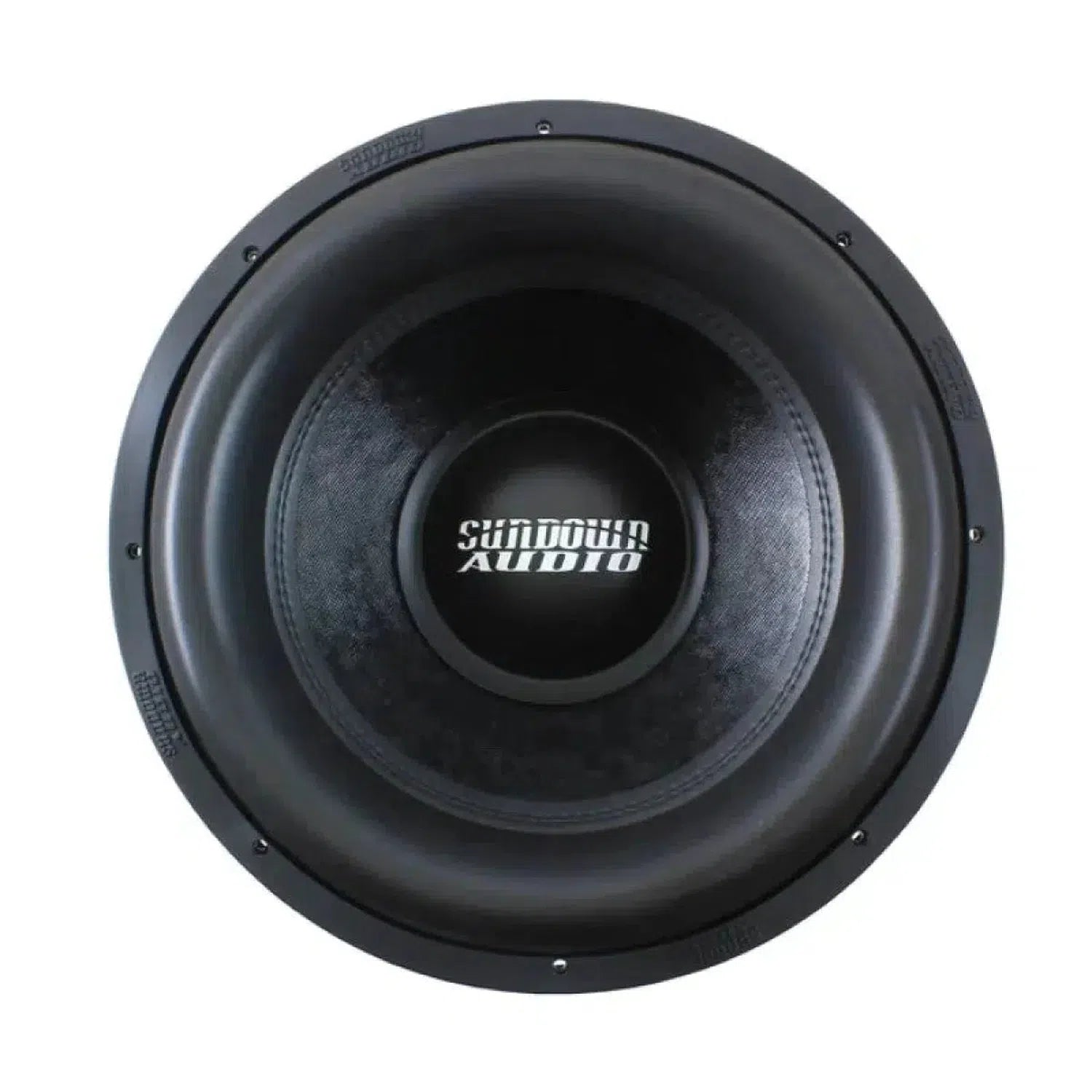 A top view of the black Sundown Audio X15 v3 15-inch subwoofer shows its white logo at the center and delivers 2500 Watts RMS power.