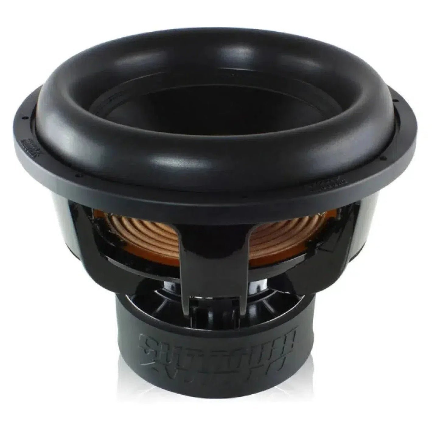 A black Sundown Audio X15 v3 15-inch subwoofer with an exposed copper coil and sturdy frame, rated at 2500W RMS, shown angled on a white background.