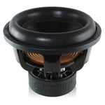 A black Sundown Audio X15 v3 15-inch subwoofer with an exposed copper coil and sturdy frame, rated at 2500W RMS, shown angled on a white background.