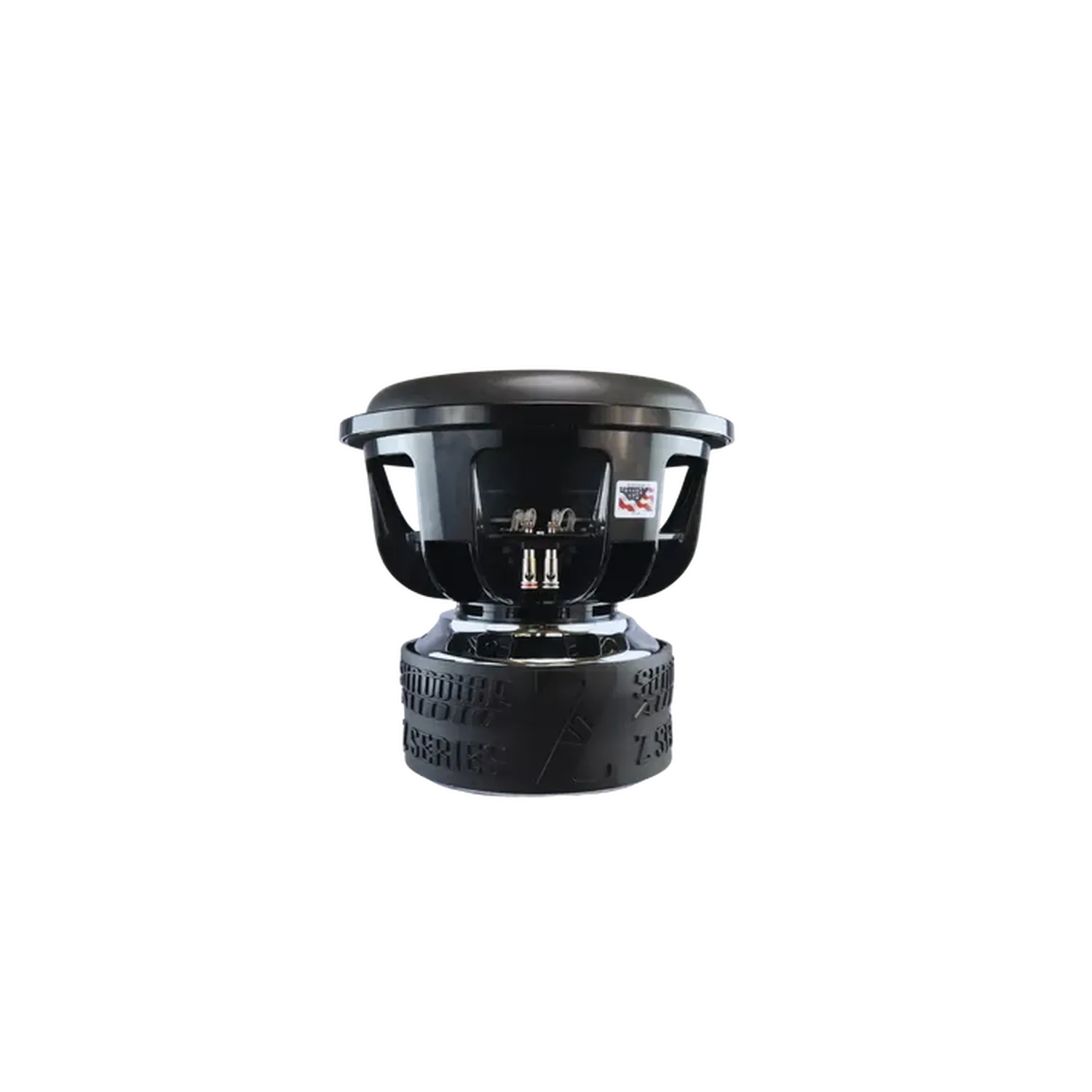 Un grande subwoofer Sundown Audio Zv7 18 di colore nero con telaio in metallo a vista e parti visibili, mostrato su uno sfondo bianco.