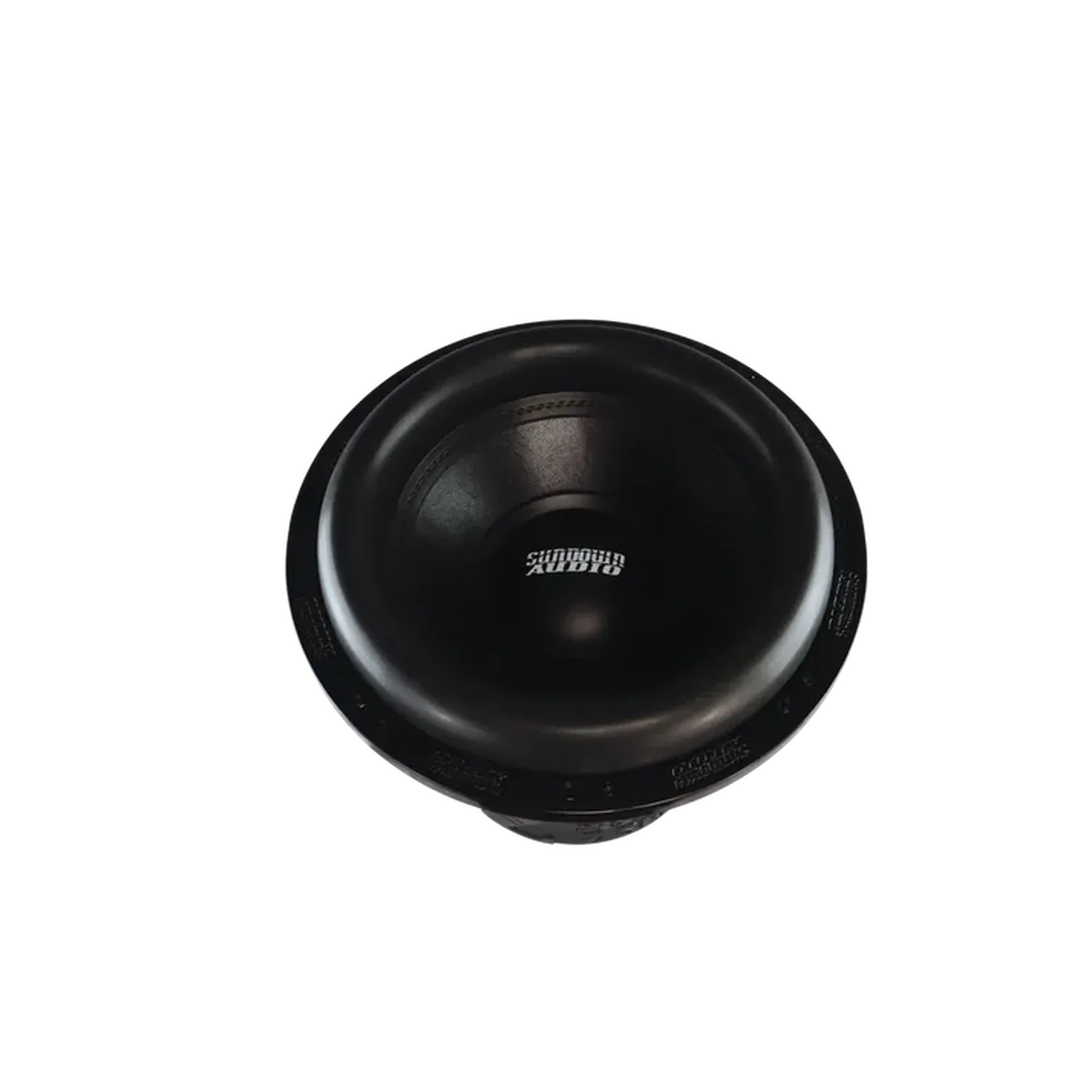 Un subwoofer Sundown Audio Zv7 18 nero con cono arrotondato, visto dallalto su sfondo bianco, eroga una potenza di 3500W RMS.