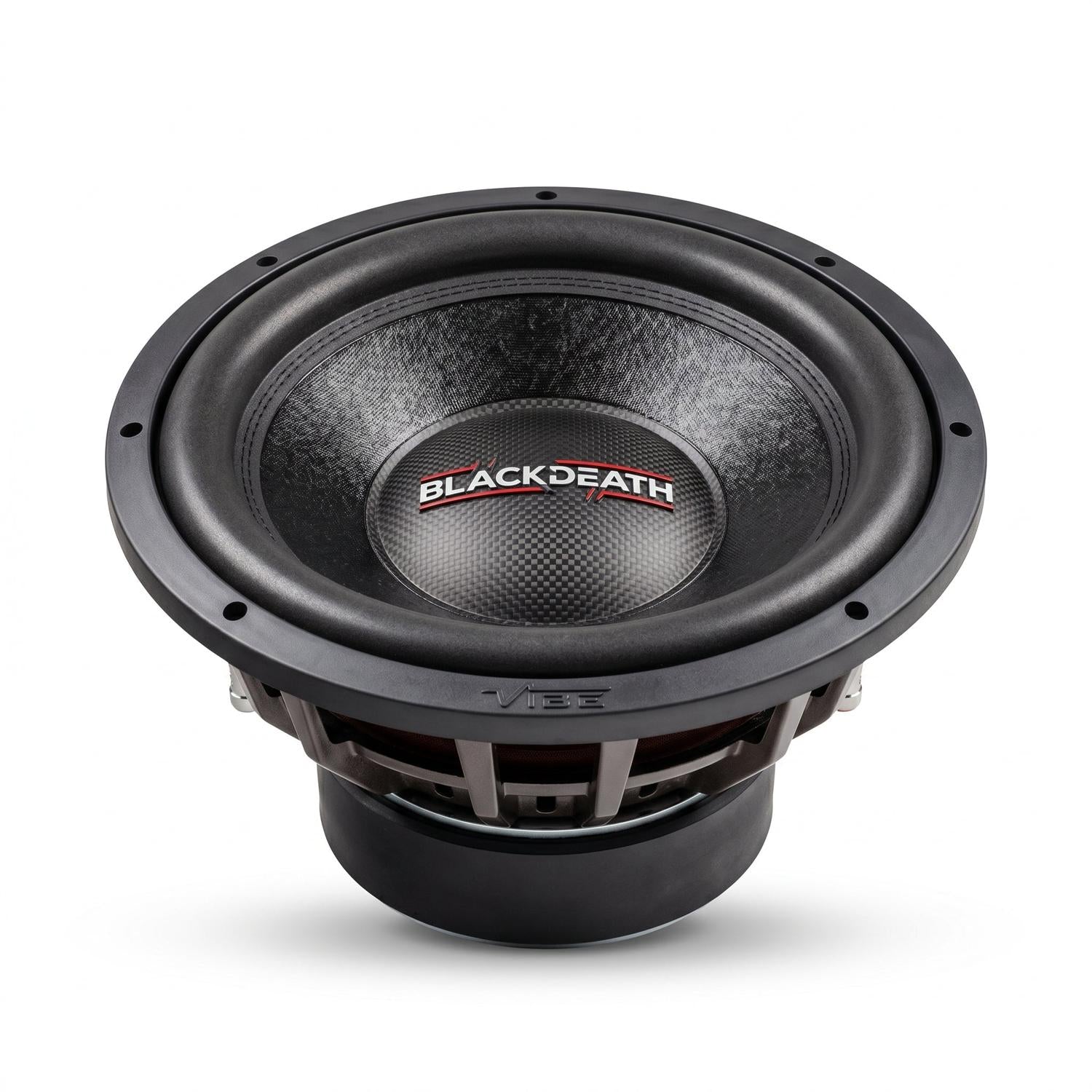 Le subwoofer Vibe Blackdeath 12v3 arbore linscription « BLACKDEATH » en rouge et blanc sur sa membrane, offre une puissance de 1 500 W RMS et est présenté sur un fond blanc.
