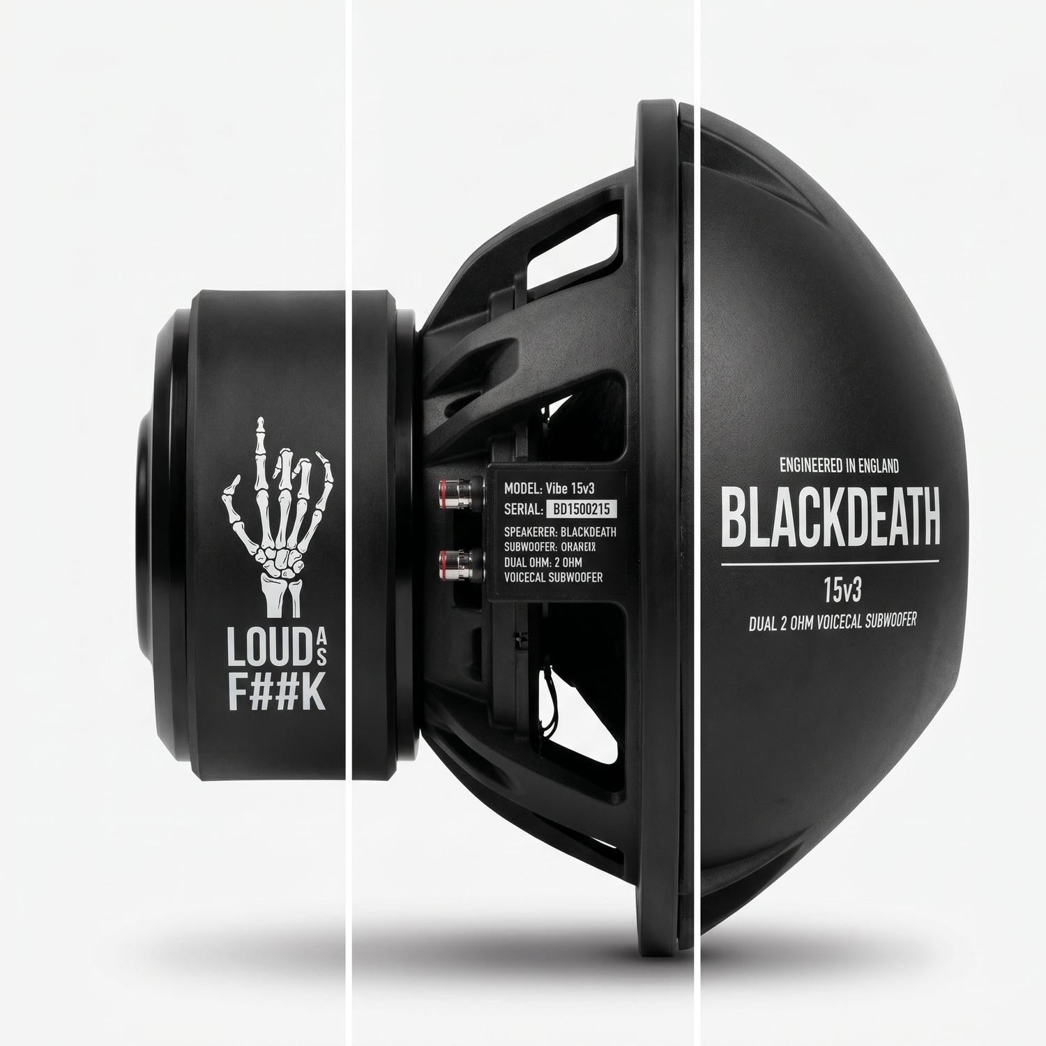 Vista lateral del Vibe Blackdeath 15v3, un subwoofer de 15 con los textos «BLACKDEATH» y «LOUD AS FK», además de un dibujo de una mano esquelética, sobre un fondo blanco.