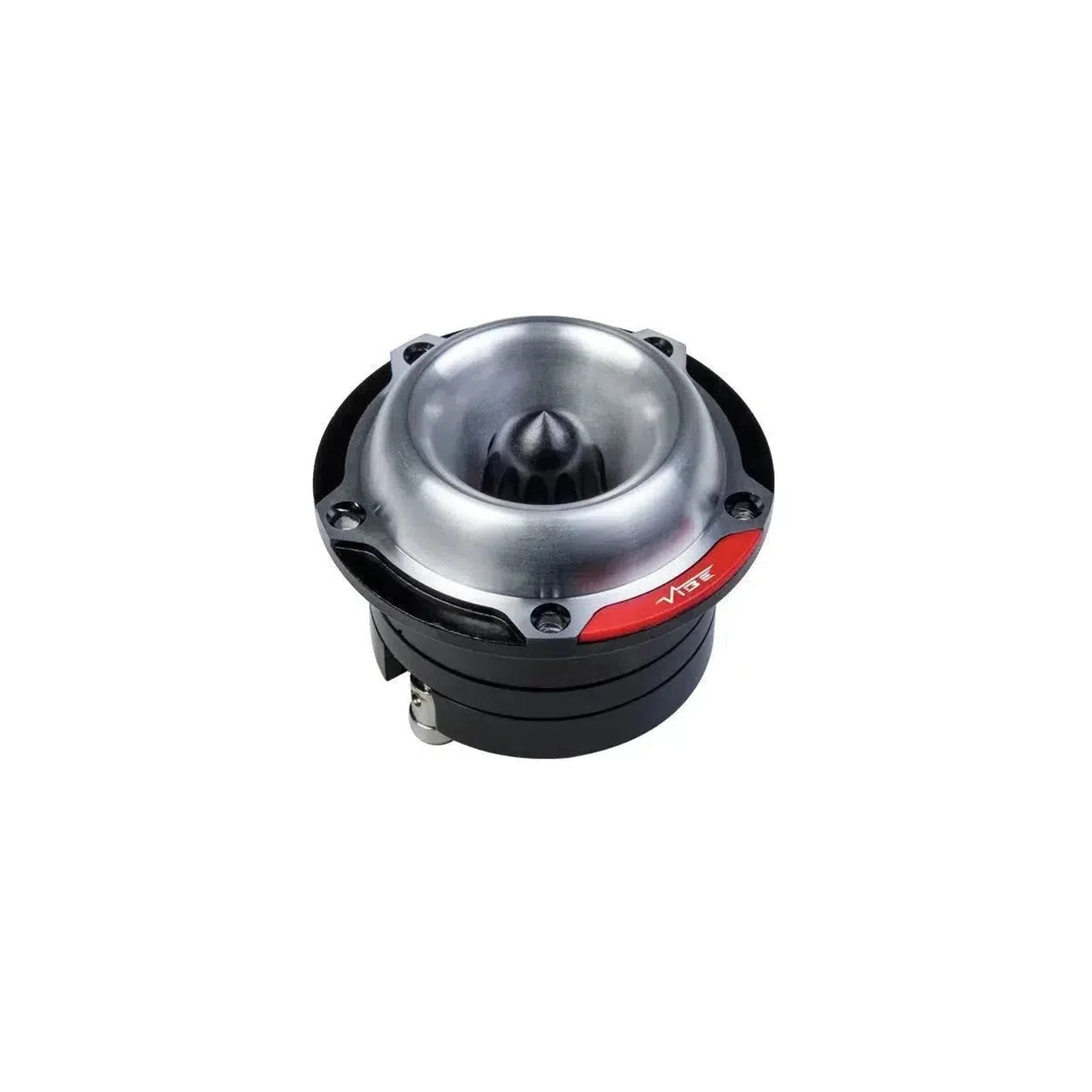 Vibe Audio Blackdeath BDPRO 3T-V7 è un tweeter metallico per auto con cono argentato, base nera e accento rosso con il logo, su sfondo bianco.