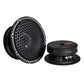Two Vibe Audio Blackdeath BDPRO 6M-V9 6.5 midbass speakers shown: one with a honeycomb grille, the other with exposed terminals and spec labels.