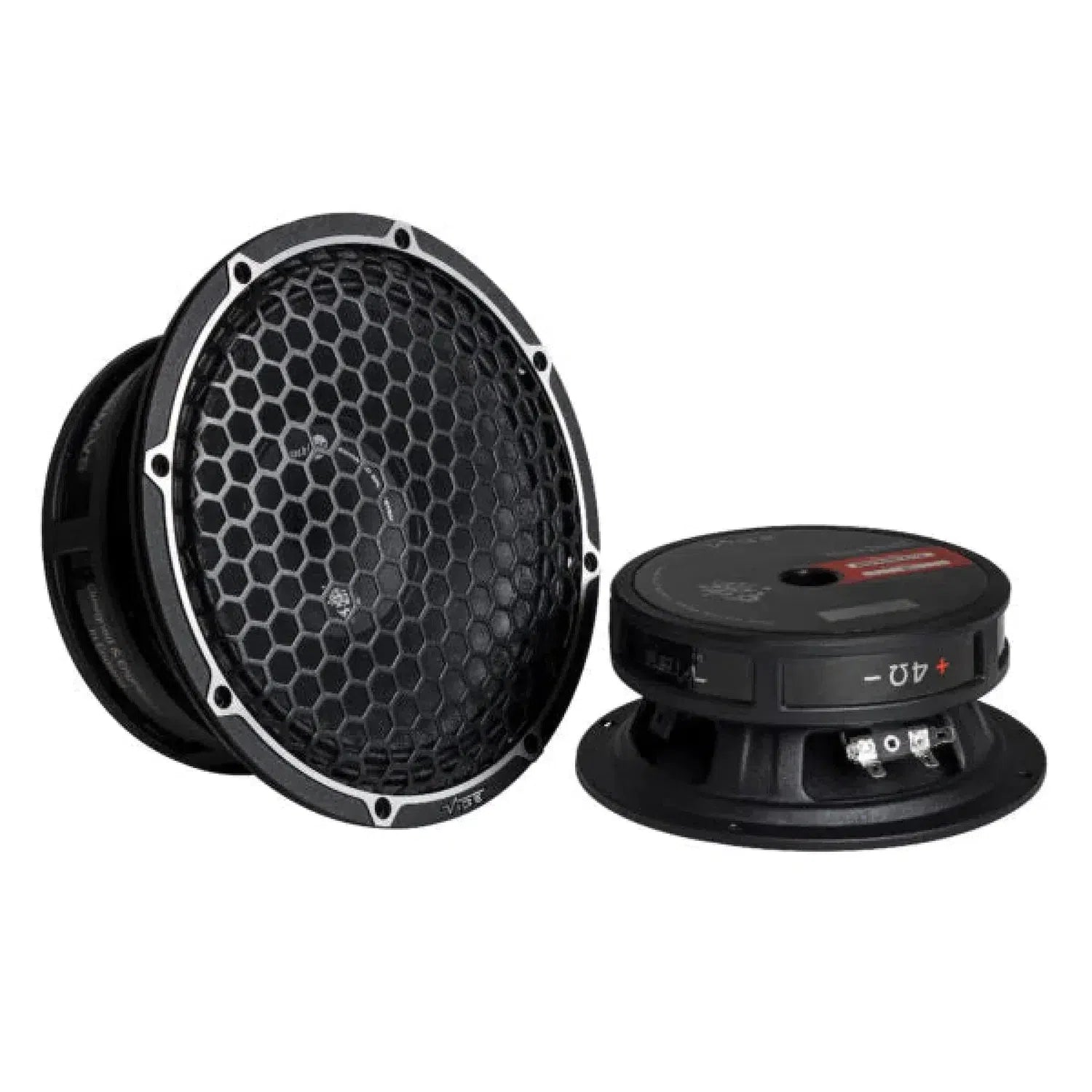 Two Vibe Audio Blackdeath BDPRO 6M-V9 6.5 midbass speakers shown: one with a honeycomb grille, the other with exposed terminals and spec labels.