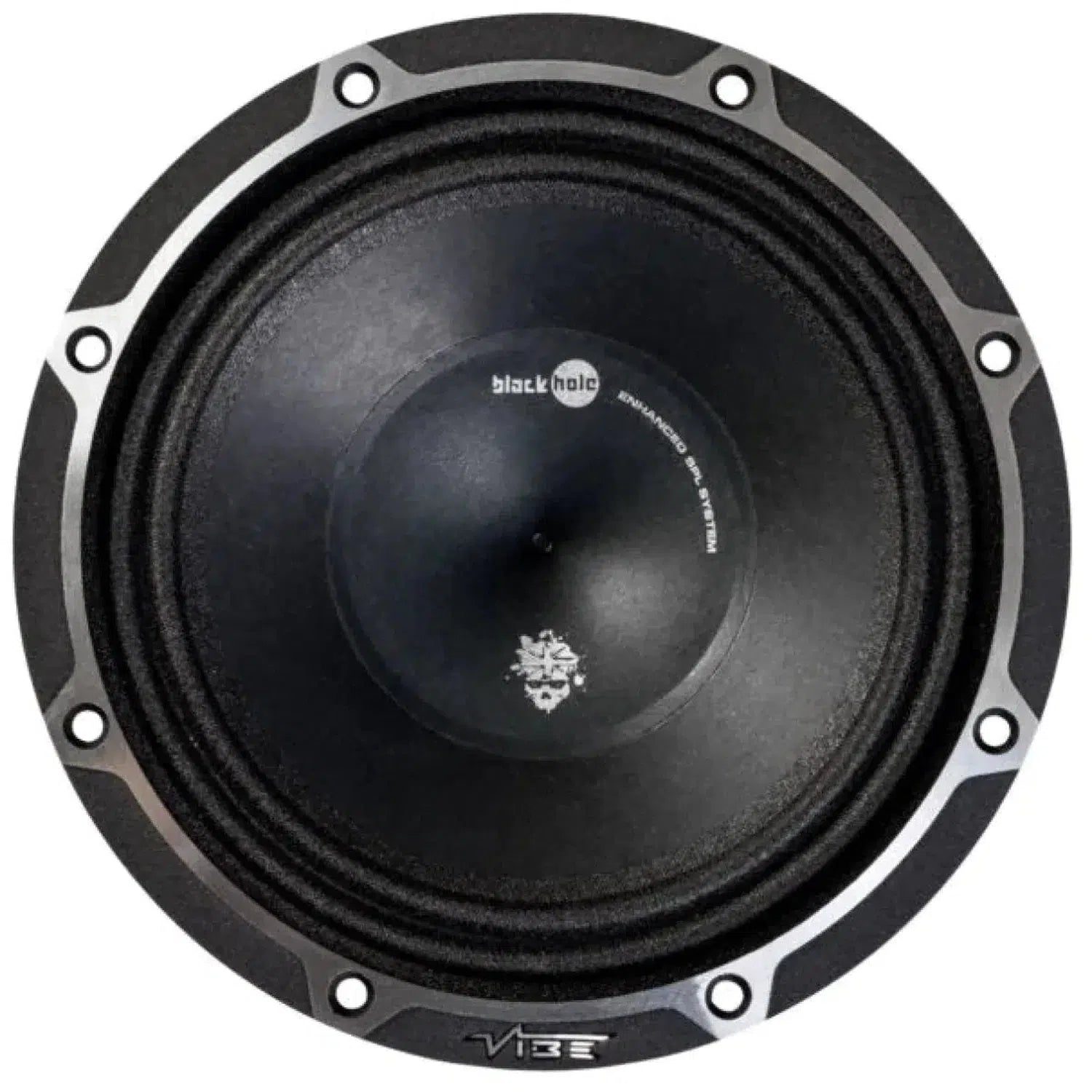 A round black Blackdeath BDPRO 6M-V9 speaker by Vibe Audio, labeled blackhole in the center, is viewed from above.