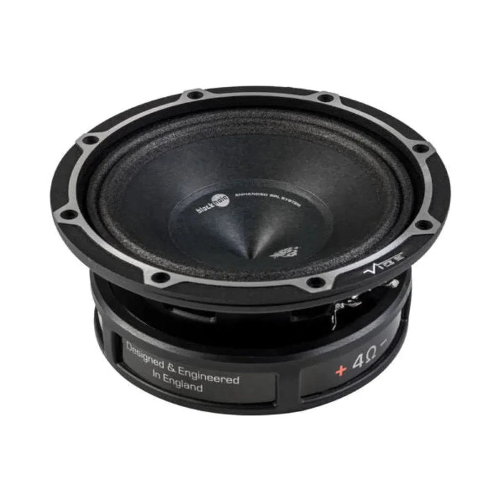 The Vibe Audio Blackdeath BDPRO 6M-V9 is a black, round audio speaker with a cone center and “Designed  Engineered in England” on its side.