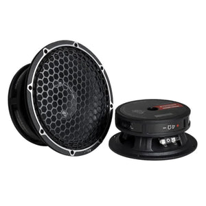 Dos altavoces Vibe Audio Blackdeath BDPRO 8M-V9: uno vertical con rejilla de nido de abeja, otro en su parte posterior dejando al descubierto el woofer trasero de 8 y los terminales de cableado.