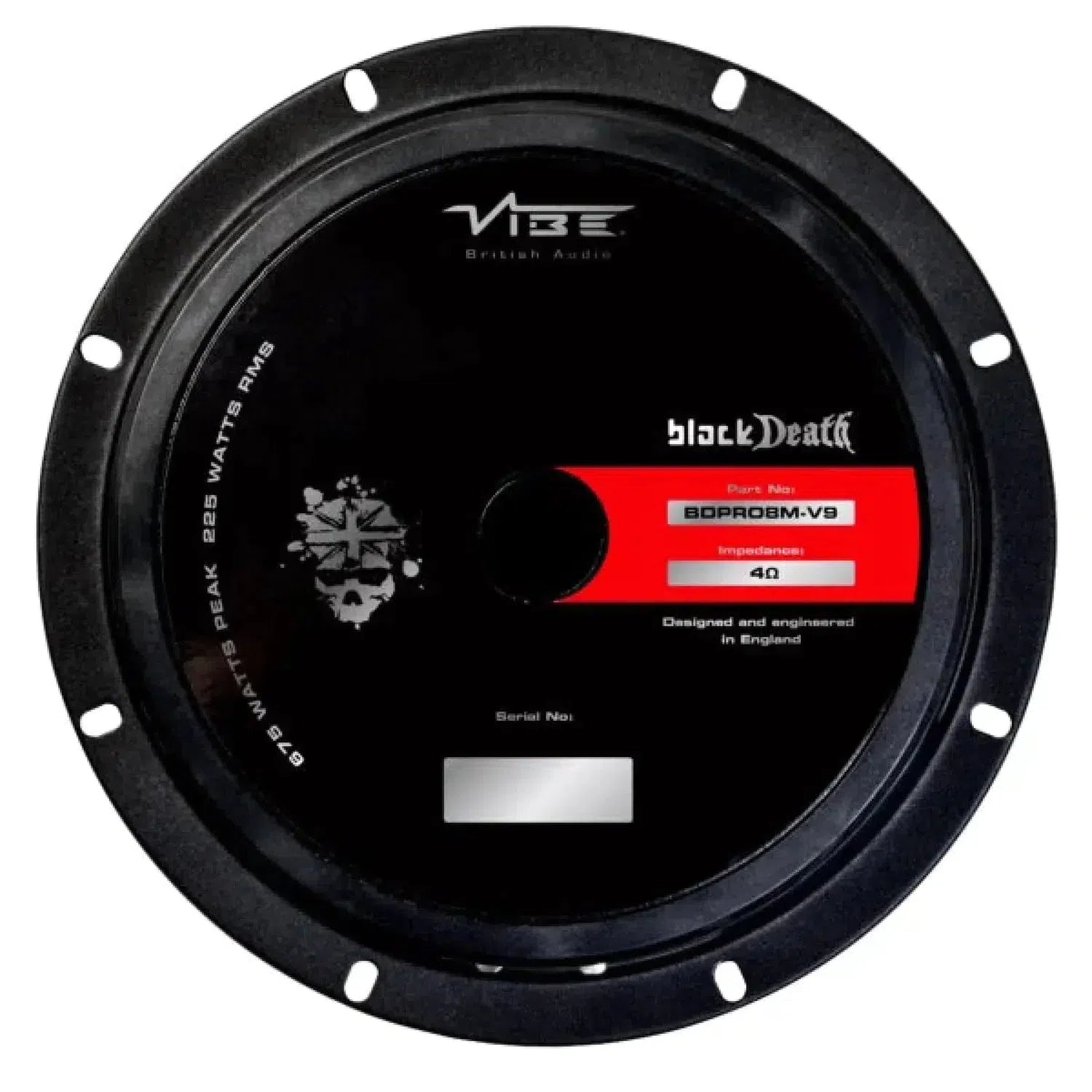 Il Vibe Audio Blackdeath BDPRO 8M-V9 è un subwoofer rotondo nero da 8 pollici per auto con grafica a teschio, etichetta rossa da 4 ohm, 225 W RMS e fori di montaggio multipli.