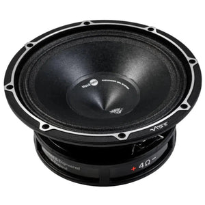 El Vibe Audio Blackdeath BDPRO 8M-V9 es un transductor de graves medios de 8 pulgadas con cono negro, borde metálico y marca de impedancia de 4 ohmios.