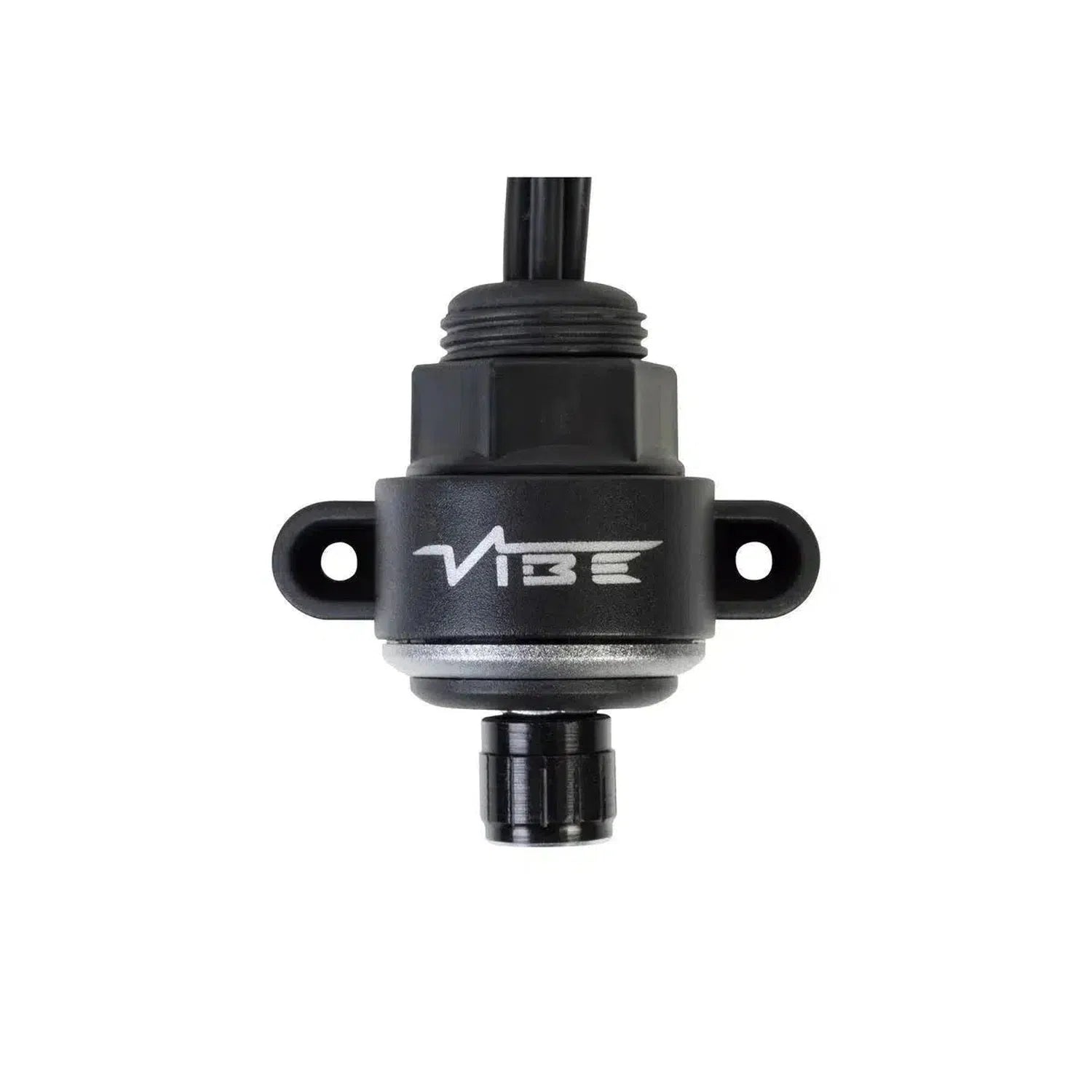 Close-up of a black Critical Link CLBC-V7 sensor by Vibe Audio, featuring two mounting holes and cable, designed for use with the Vibe Audio Inline RCA-Controller on a white background.