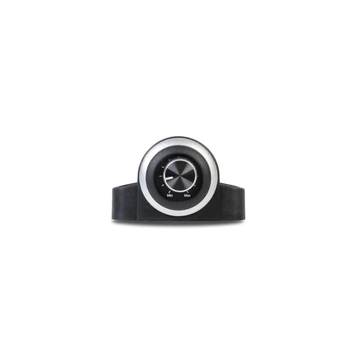 A black rotary dial RCA-controller, Critical Link CLBC-V7 by Vibe Audio, with silver rim and min/max marks sits on a small black base against a white background.