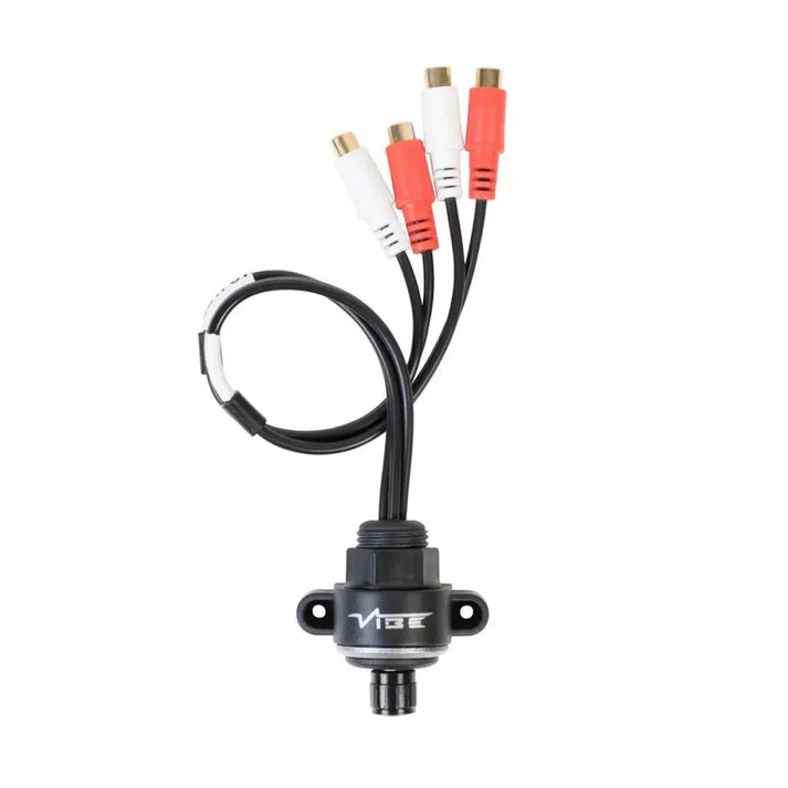The Vibe Audio Critical Link CLBC-V7 is a black device with three black cables ending in red and white RCA connectors and an inline RCA controller for easy bass control.