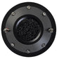 Una vista superior del Vibe Audio CVEN1SQT-V9: un Kalotten-Hochtöner redondo de metal negro hecho a mano con tornillos en los bordes y un centro poroso, fabricado en el Reino Unido.