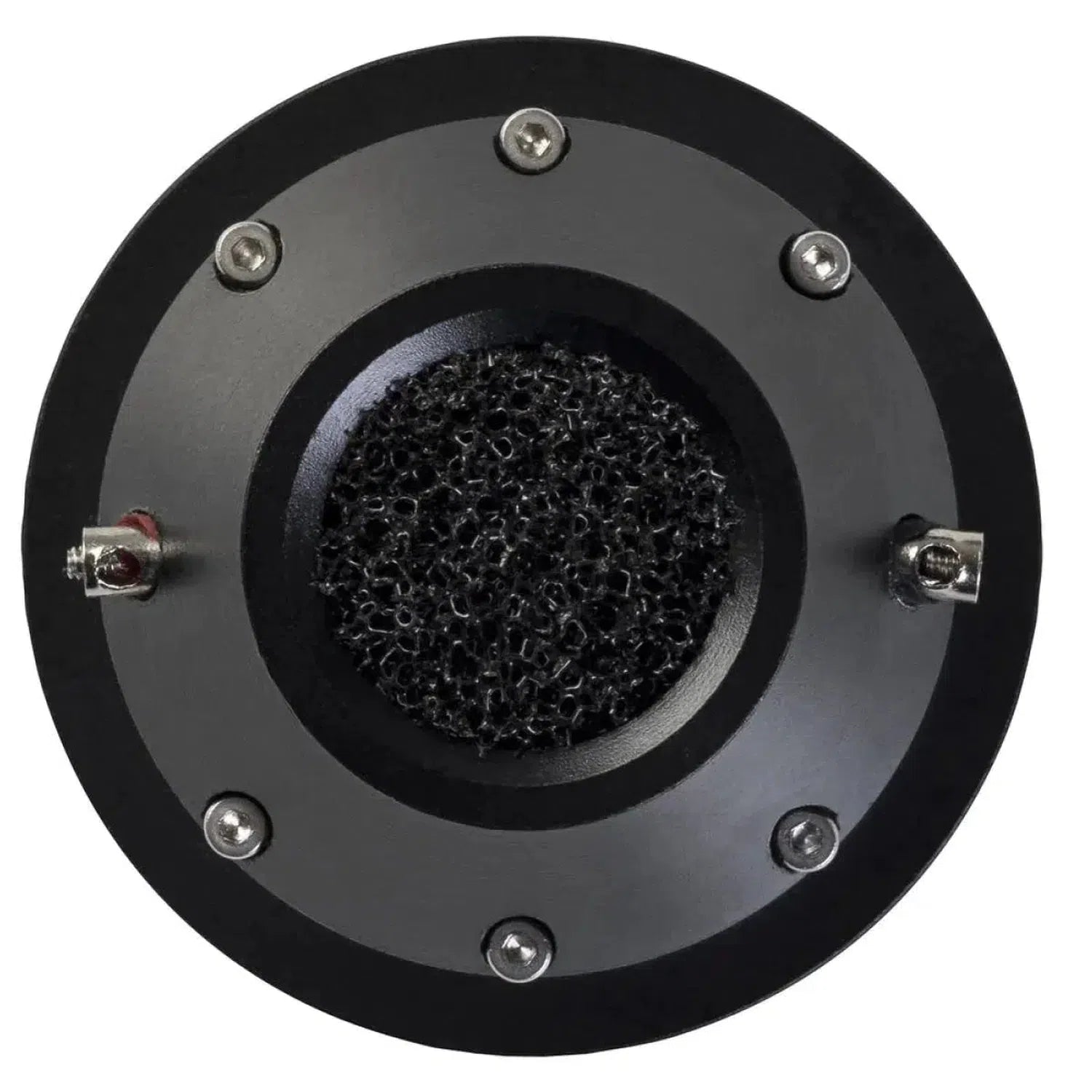 Una vista superior del Vibe Audio CVEN1SQT-V9: un Kalotten-Hochtöner redondo de metal negro hecho a mano con tornillos en los bordes y un centro poroso, fabricado en el Reino Unido.
