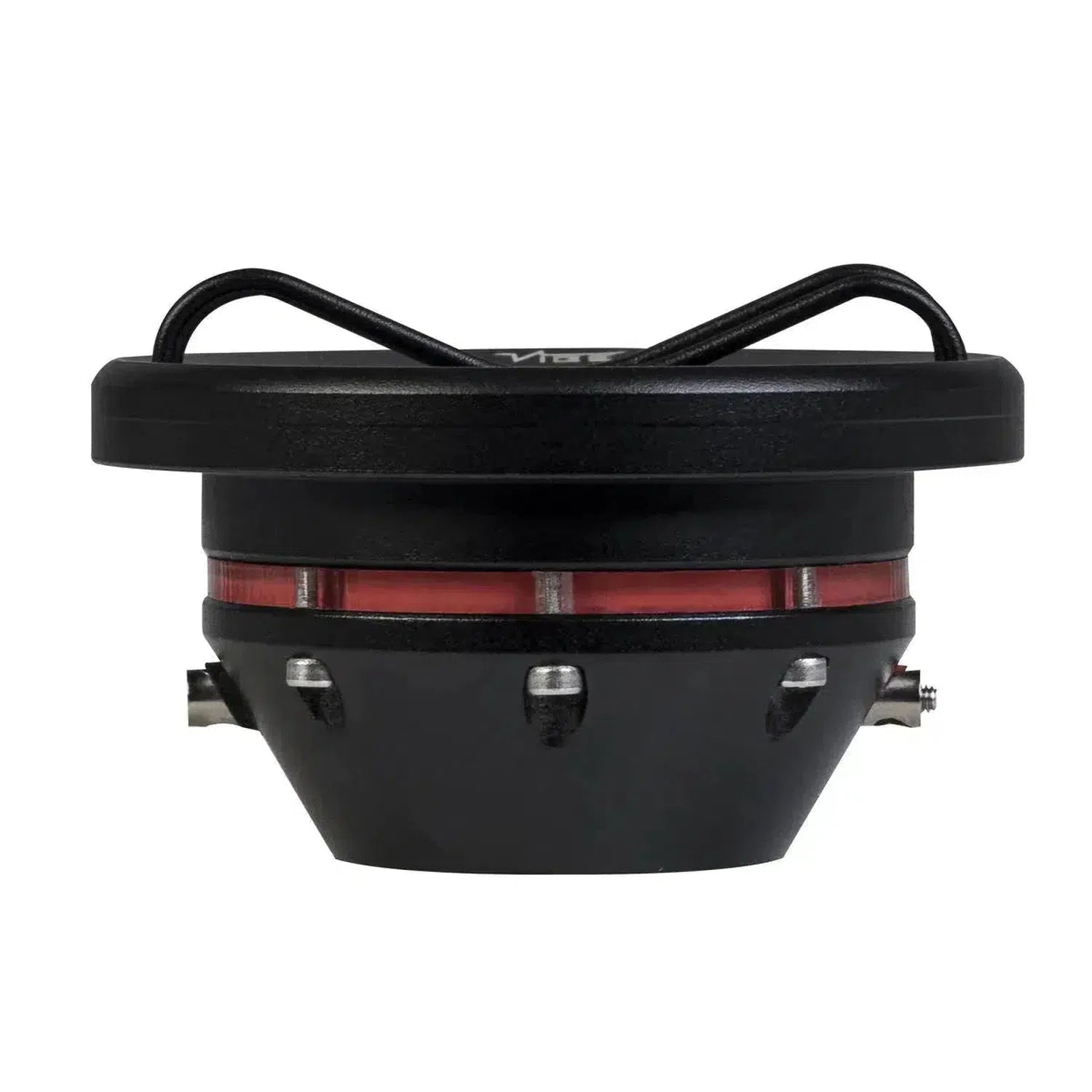 El Vibe Audio CVEN1SQT-V9 es un altavoz subwoofer negro y rojo con imán Neodym, que se muestra en vista lateral con forma redonda, marco de montaje y terminales metálicos.