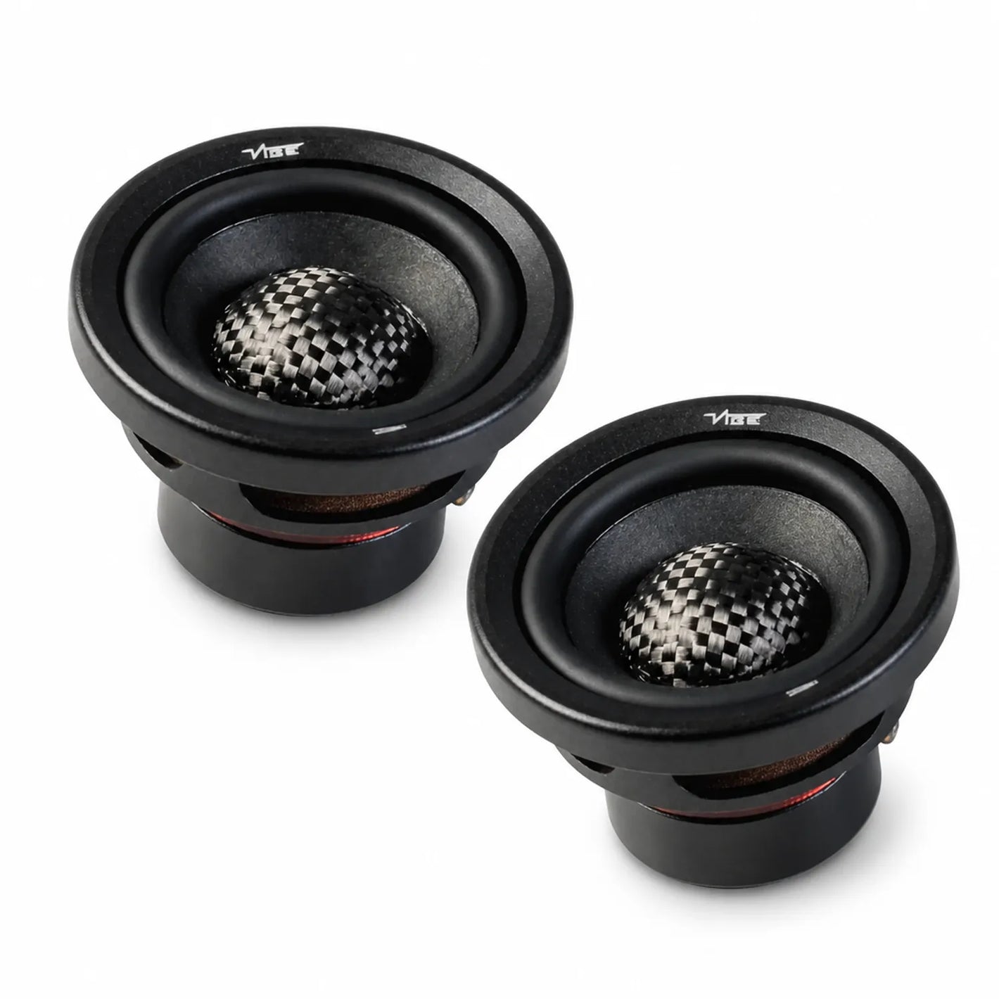 Dos altavoces redondos negros Vibe Audio CVEN2.5SQM-V9 para coche con centros de cúpula de fibra de carbono y marca VIBE, con diseño de gama media de 3 sobre fondo blanco.