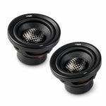 Dos altavoces redondos negros Vibe Audio CVEN2.5SQM-V9 para coche con centros de cúpula de fibra de carbono y marca VIBE, con diseño de gama media de 3 sobre fondo blanco.
