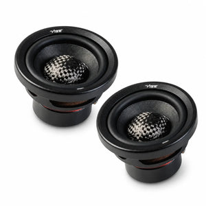 Dos altavoces redondos negros Vibe Audio CVEN2.5SQM-V9 para coche con centros de cúpula de fibra de carbono y marca VIBE, con diseño de gama media de 3 sobre fondo blanco.